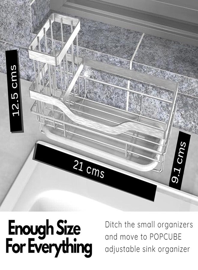 NETXE Sink Organiser for Kitchen- Sink Organizer with Brush & Sponge Holder Cup & Drain Tray- Countertop Soap Holder,with Adhesive Patch for Wall mounting,Silver Color, Stainless Steel (Steel) - Image 2