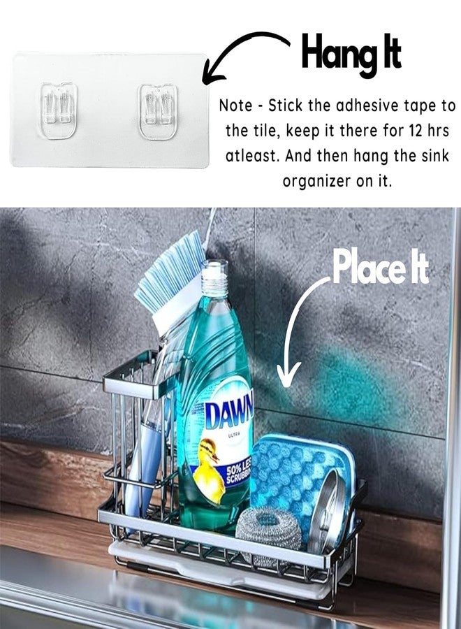 NETXE Sink Organiser for Kitchen- Sink Organizer with Brush & Sponge Holder Cup & Drain Tray- Countertop Soap Holder,with Adhesive Patch for Wall mounting,Silver Color, Stainless Steel (Steel) - Image 5