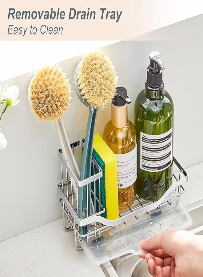 NETXE Sink Organiser for Kitchen- Sink Organizer with Brush & Sponge Holder Cup & Drain Tray- Countertop Soap Holder,with Adhesive Patch for Wall mounting,Silver Color, Stainless Steel (Steel) - Image 4