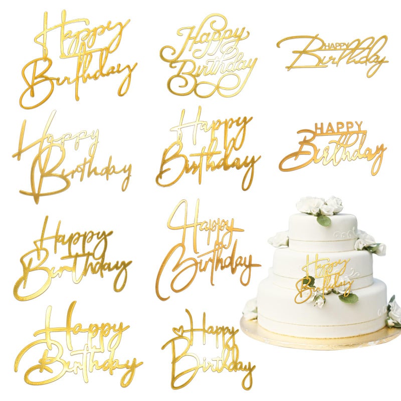 Bogigul 10PCS Gold Happy Birthday Cake Toppers Mirror Acrylic Cake Toppers, Gold Acrylic Birthday Cupcake Toppers for DIY Cake Decor Cake Tools Birthday Party Supplies - Image 1