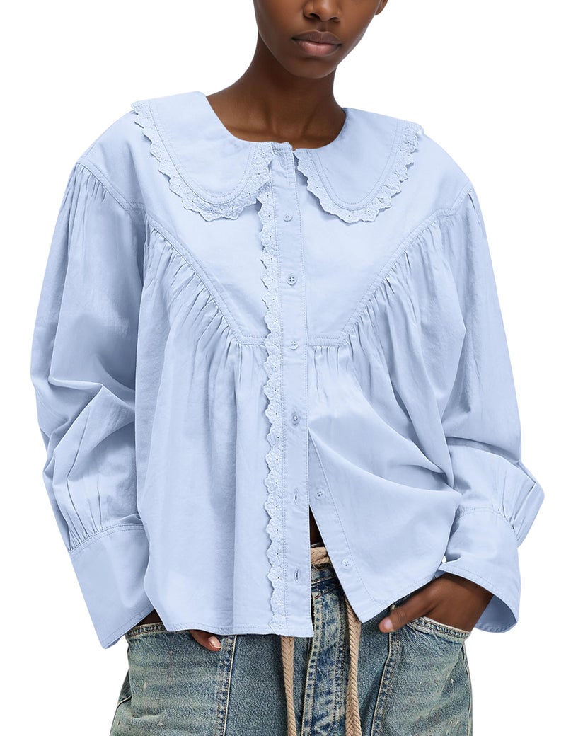 HOCANDY Peter Pan Collar Shirt Women Button Down Blouses Cute Business Casual Long Sleeve Loose Shirred Lace Trim Shirts Blue - Image 1