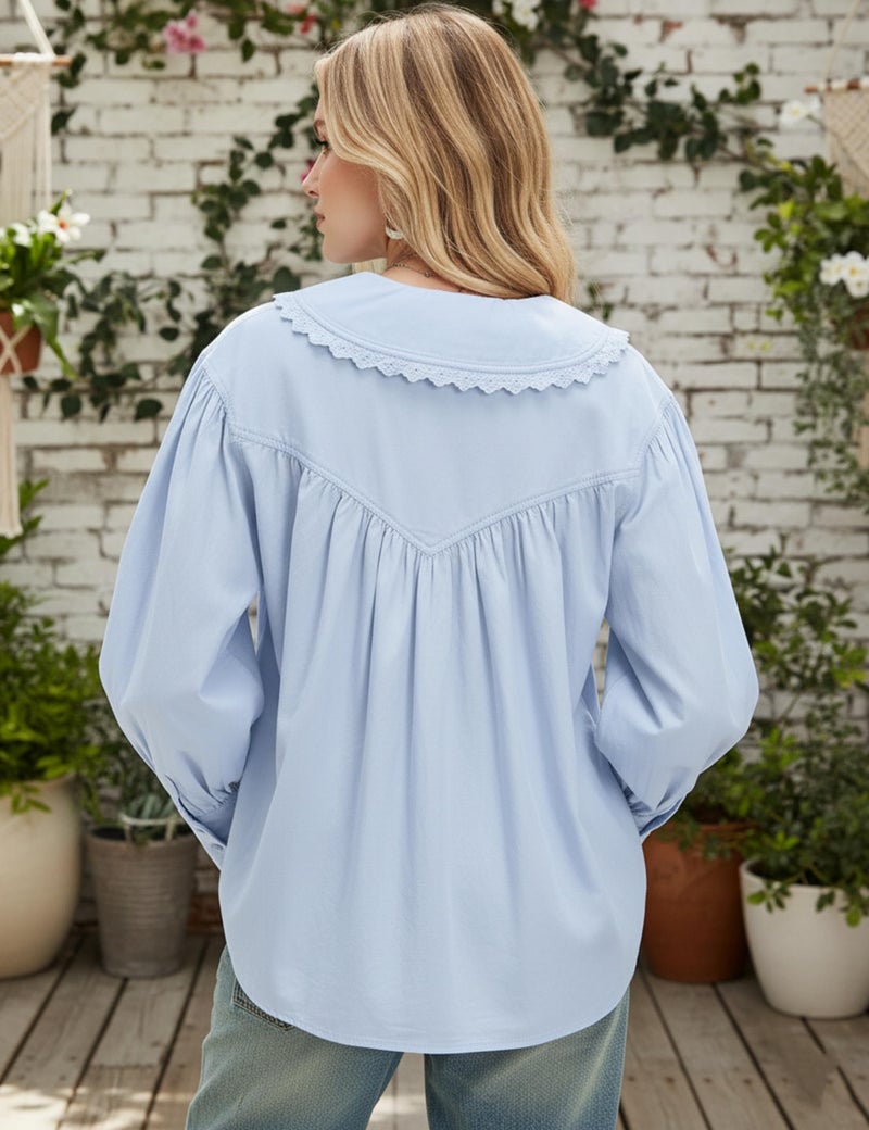 HOCANDY Peter Pan Collar Shirt Women Button Down Blouses Cute Business Casual Long Sleeve Loose Shirred Lace Trim Shirts Blue - Image 3