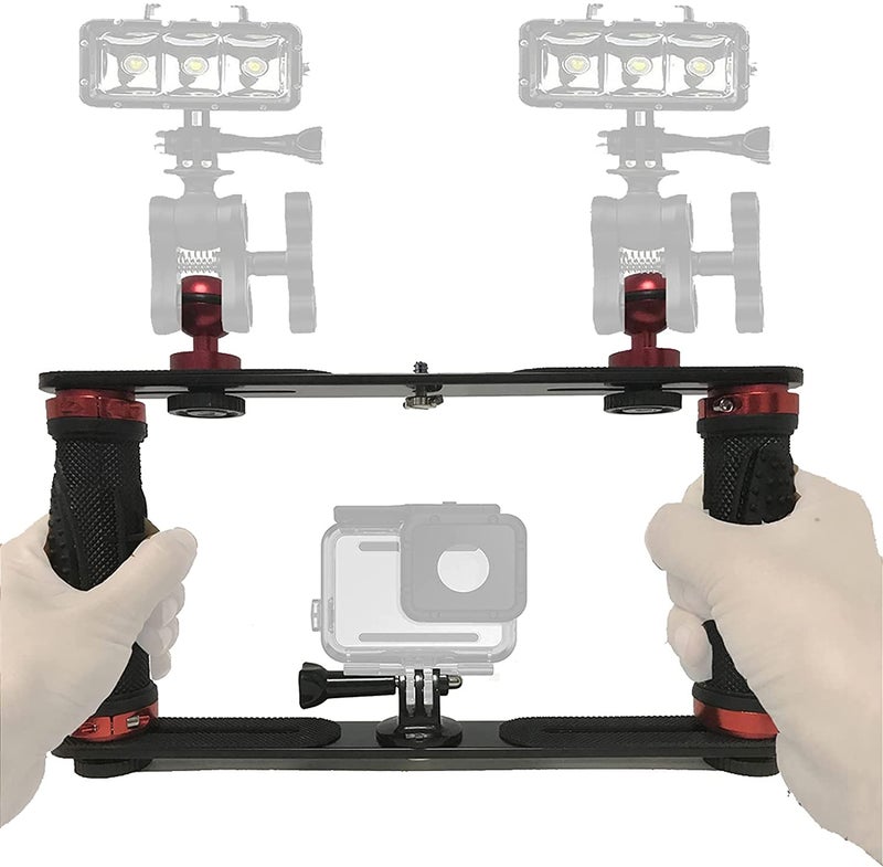 AUXPhome Aluminium Alloy Underwater Handheld Support Stabilizer Holder Video Light Dive Light Stand Tray with Two 1'' Ball Handle for Action Camera and Any Other Camera with 1/4 inch Screw Hole - Image 1