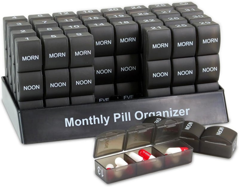Deke Home - Monthly Pill Organizer Box. 32 Compartments, AM-PM Boxes, Daily Pill Organizer. Pillbox, Medicine Holder, Case Dispenser. Supplement, Medication, Pills, Vitamin. 3 Times a Day (Black)