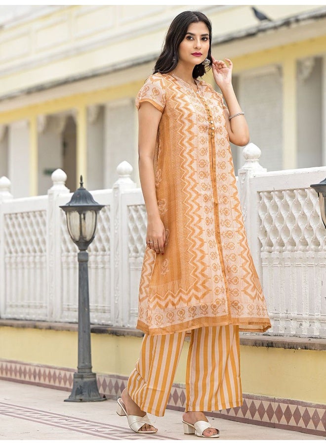 AKS AKS Women Printed Regular Linen Kurta with Palazzos  - Image 3