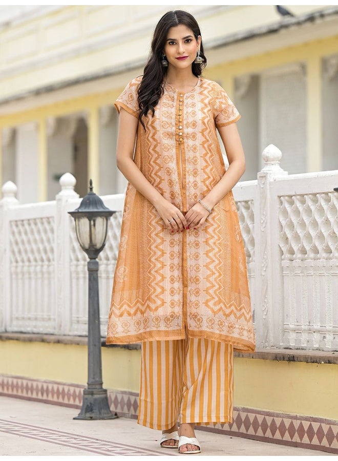 AKS AKS Women Printed Regular Linen Kurta with Palazzos  - Image 1