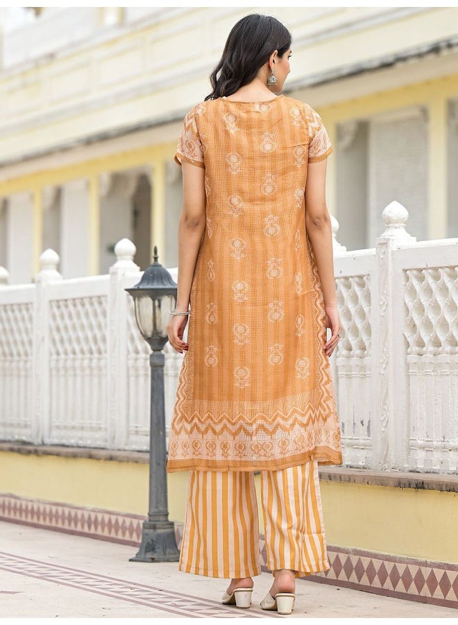 AKS AKS Women Printed Regular Linen Kurta with Palazzos  - Image 5