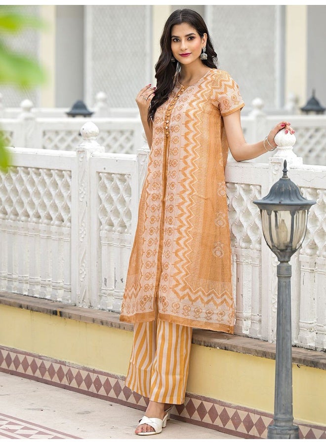 AKS AKS Women Printed Regular Linen Kurta with Palazzos  - Image 4