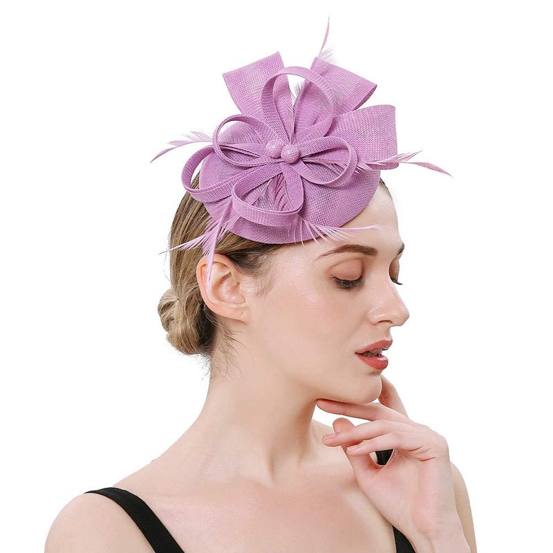 BUYITNOW Charming Feather Fascinators Headband Netting Mesh Hair Band for Wedding Cocktail Hat Party Derby Royal Banquet Light Purple - Image 1