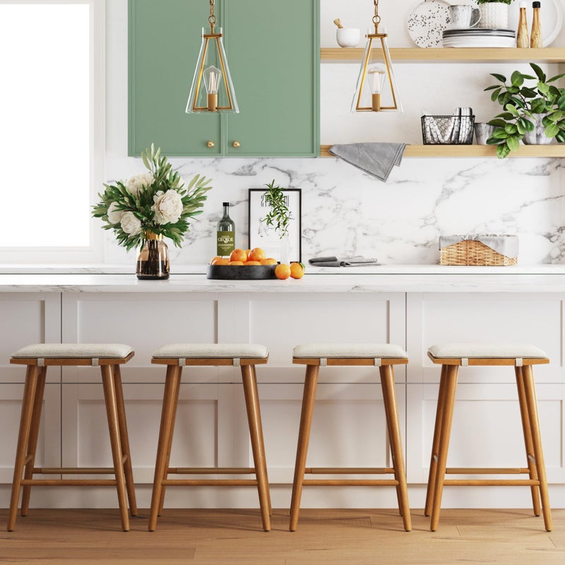 Nathan James Barker Counter Height Solid Wood Barstool with Upholstered Cushion, Backless Island Stool with Rubberwood Legs and Natural Textured Linen Upholstery for Kitchen, Brown/White - Image 2