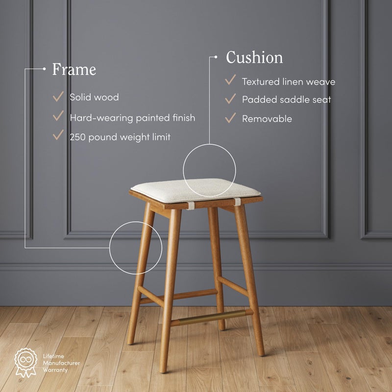 Nathan James Barker Counter Height Solid Wood Barstool with Upholstered Cushion, Backless Island Stool with Rubberwood Legs and Natural Textured Linen Upholstery for Kitchen, Brown/White - Image 3