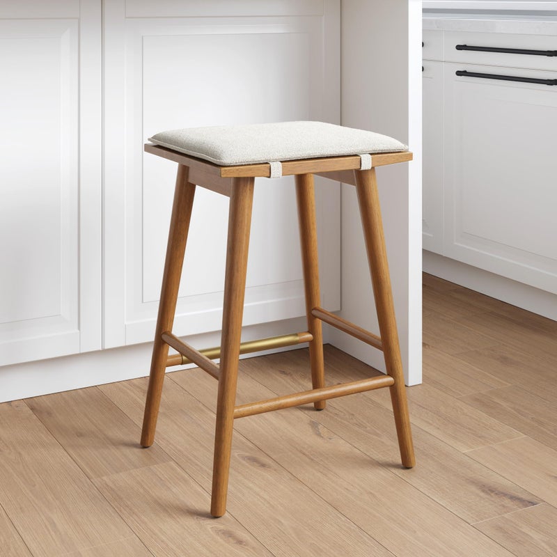 Nathan James Barker Counter Height Solid Wood Barstool with Upholstered Cushion, Backless Island Stool with Rubberwood Legs and Natural Textured Linen Upholstery for Kitchen, Brown/White - Image 1