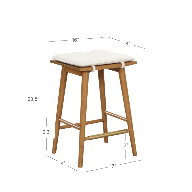 Nathan James Barker Counter Height Solid Wood Barstool with Upholstered Cushion, Backless Island Stool with Rubberwood Legs and Natural Textured Linen Upholstery for Kitchen, Brown/White - Image 4