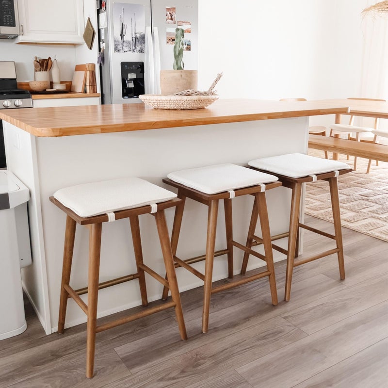 Nathan James Barker Counter Height Solid Wood Barstool with Upholstered Cushion, Backless Island Stool with Rubberwood Legs and Natural Textured Linen Upholstery for Kitchen, Brown/White - Image 5