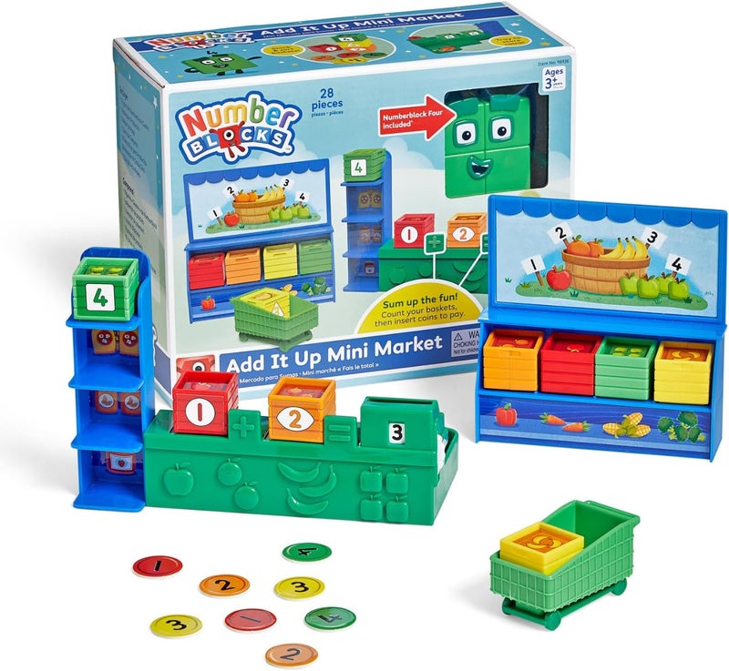 hand2mind hand2mind Numberblocks Add It Up Mini Market Grocery Store Playset Math Toys for Kids 35 Counting Toys Learning Money Numbers for Toddlers Mini Shopping Cart Pretend Play Figure Playset  - Image 1