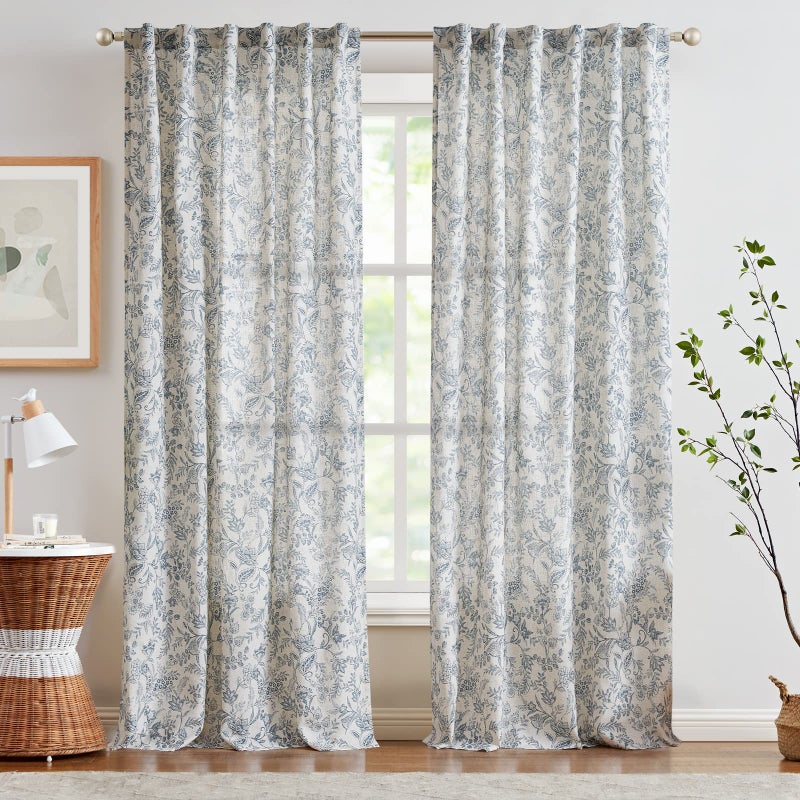 Lazzzy Blue Floral Curtains 90 Inch Length Linen Farmhouse Curtain Back Tab Drapes for Living Room Bedroom Light Filtering Vintage Rod Pocket Curtains, 2 Panels, Blue on Beige - Image 2