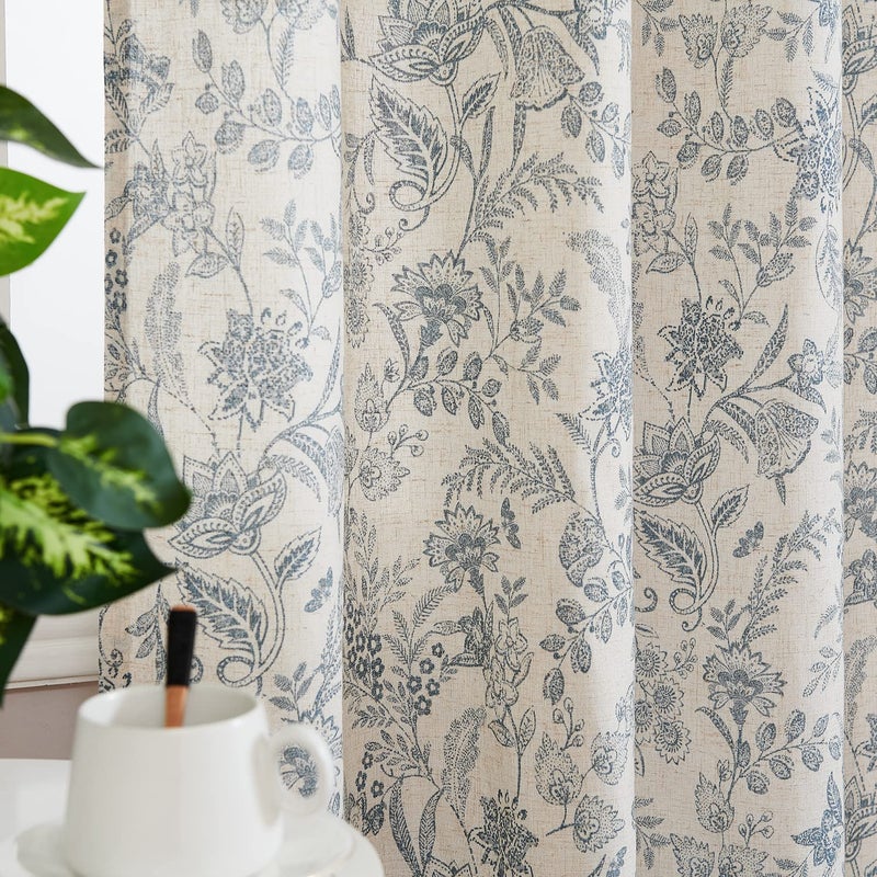Lazzzy Blue Floral Curtains 90 Inch Length Linen Farmhouse Curtain Back Tab Drapes for Living Room Bedroom Light Filtering Vintage Rod Pocket Curtains, 2 Panels, Blue on Beige - Image 3