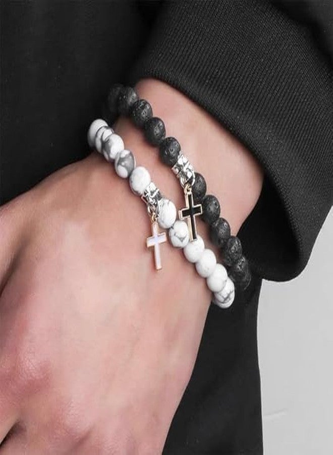 Cykdohy Matte Lava Rock Beaded Couple Bracelet Set for Women Men Black White 8mm Howlite Natural Volcanic Stone Matching Beads Elastic Cross Pendant Stretch Bracelets Religion Charm Friendship BFF Jewelry - Image 5