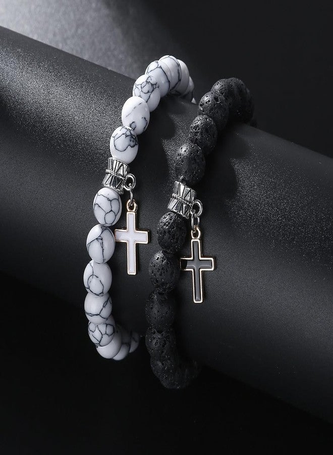 Cykdohy Matte Lava Rock Beaded Couple Bracelet Set for Women Men Black White 8mm Howlite Natural Volcanic Stone Matching Beads Elastic Cross Pendant Stretch Bracelets Religion Charm Friendship BFF Jewelry - Image 4