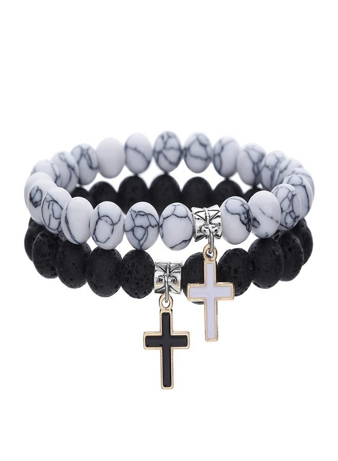 Cykdohy Matte Lava Rock Beaded Couple Bracelet Set for Women Men Black White 8mm Howlite Natural Volcanic Stone Matching Beads Elastic Cross Pendant Stretch Bracelets Religion Charm Friendship BFF Jewelry - Image 1