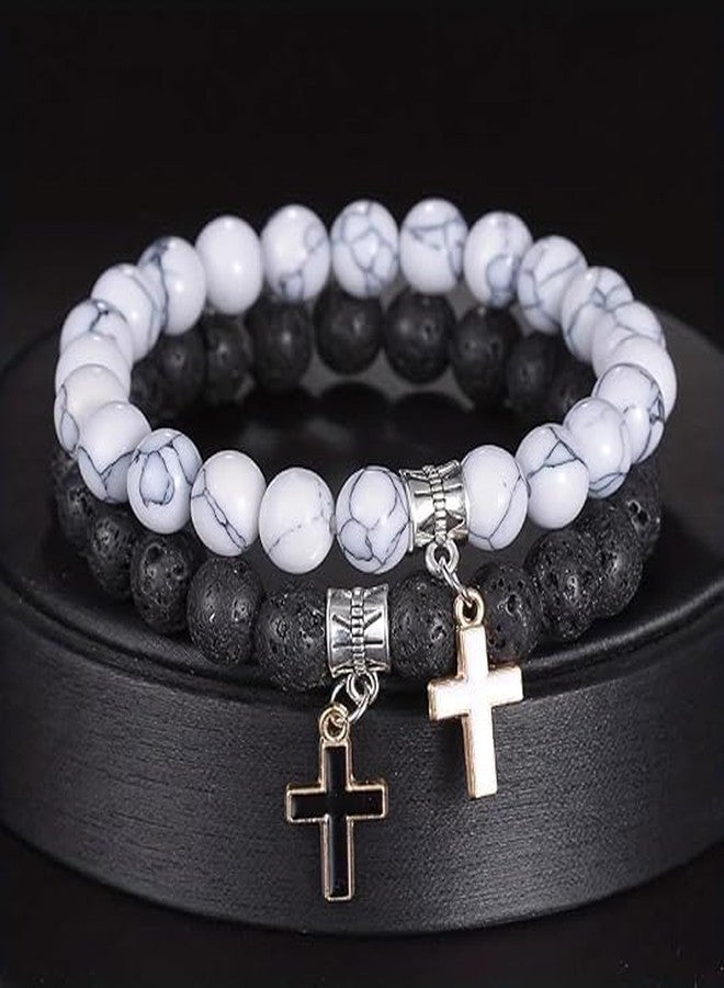 Cykdohy Matte Lava Rock Beaded Couple Bracelet Set for Women Men Black White 8mm Howlite Natural Volcanic Stone Matching Beads Elastic Cross Pendant Stretch Bracelets Religion Charm Friendship BFF Jewelry - Image 3
