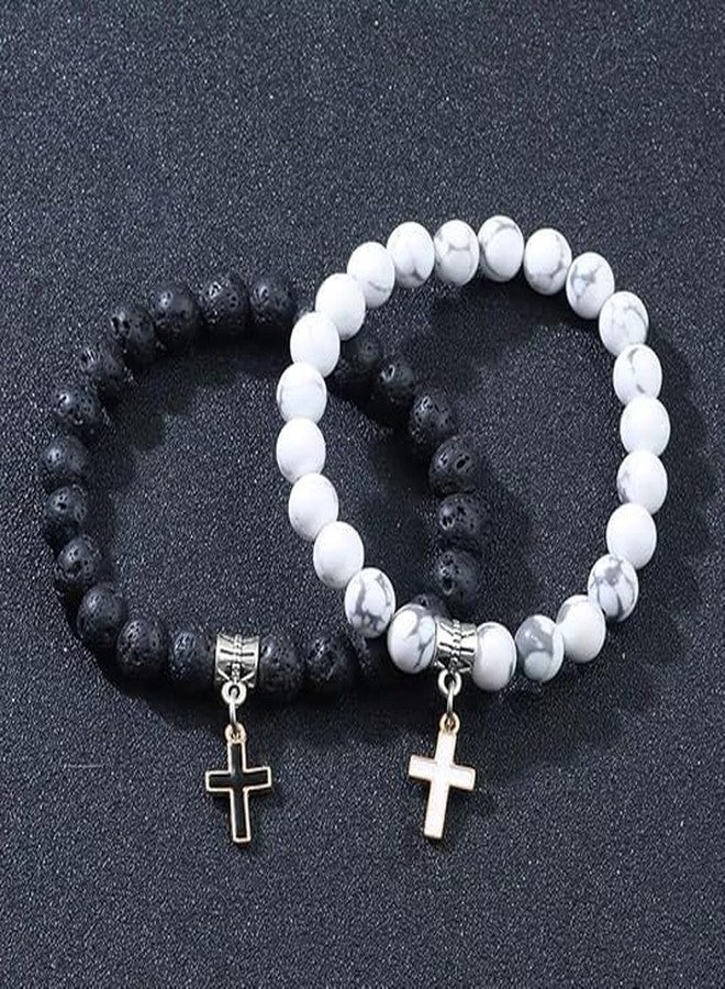 Cykdohy Matte Lava Rock Beaded Couple Bracelet Set for Women Men Black White 8mm Howlite Natural Volcanic Stone Matching Beads Elastic Cross Pendant Stretch Bracelets Religion Charm Friendship BFF Jewelry - Image 2