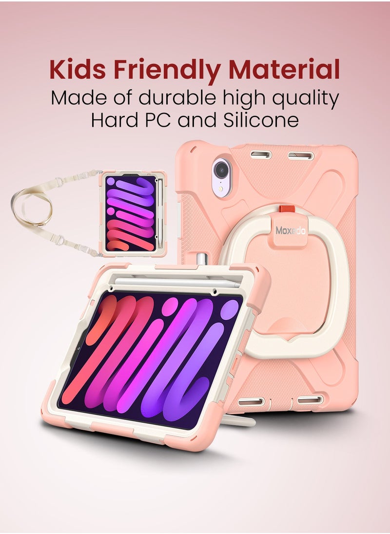 Moxedo - Moxedo Heavy Duty Shockproof Rugged Protective Colorful Case with 360 Rotating Kickstand, Shoulder Strap, and  Pen Holder for Kids Compatible for Apple iPad Mini 6 - Rose Gold - Image 1