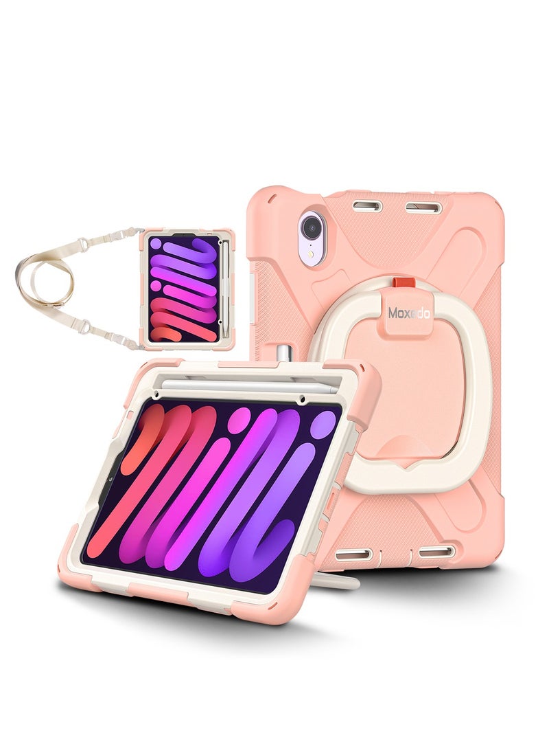 Moxedo Moxedo Heavy Duty Shockproof Rugged Protective Colorful Case with 360 Rotating Kickstand, Shoulder Strap, and  Pen Holder for Kids Compatible for Apple iPad Mini 6 - Rose Gold  - Image 1