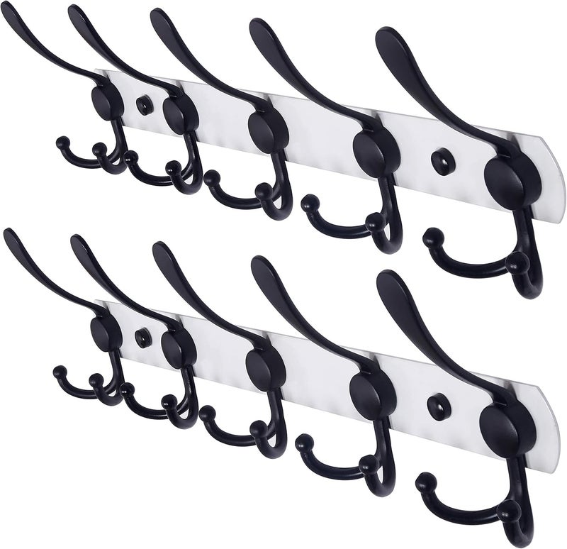 Dseap Wall Mounted Coat Rack - 5 Tri Hooks, Heavy Duty, Stainless Steel, Metal Coat Hook Rail for Coat Hat Towel Purse Robes Mudroom Bathroom Entryway (White & Black, 2 Packs) - Image 1