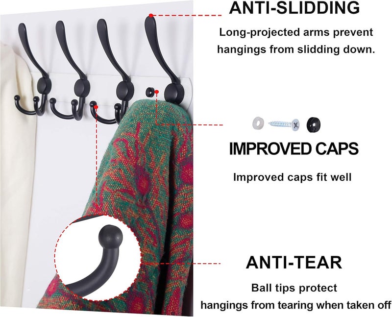 Dseap Wall Mounted Coat Rack - 5 Tri Hooks, Heavy Duty, Stainless Steel, Metal Coat Hook Rail for Coat Hat Towel Purse Robes Mudroom Bathroom Entryway (White & Black, 2 Packs) - Image 5