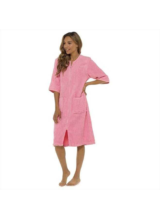 fashion_junction Ladies/Womens 100% Cotton Terry Towelling Zip Front Dressing Gown/Bathrobe/Housecoat (Pink, Medium)  - Image 1