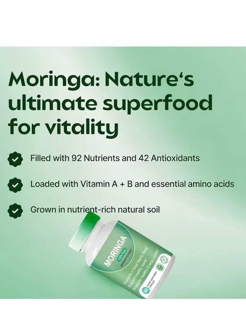 مورينجا **كبسولات مسحوق المورينجا النقي** **غني بالعناصر الغذائية - مسحوق المورينجا الطبيعي** **مضادات أكسدة خضراء فائقة تدعم:** *   **الطاقة** *   **صحة البشرة** *   **صحة الأمعاء+** *   **الفيتامينات الأساسية & الأحماض الأمينية A1** - Image 2