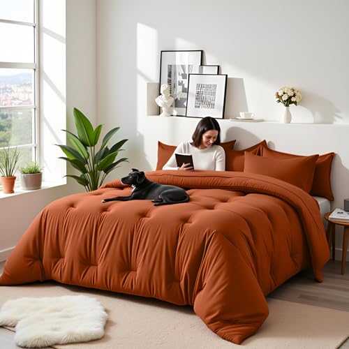 Easthome Queen Comforter Set 7 Piece - Soft Bed in a Bag Queen Size Comforter Sets, Cozy Luxury Bedding Sets with All Season Comforter, Flat Sheet, Fitted Sheet,2 Pillowcases & 2 Shams, Orange - Image 2