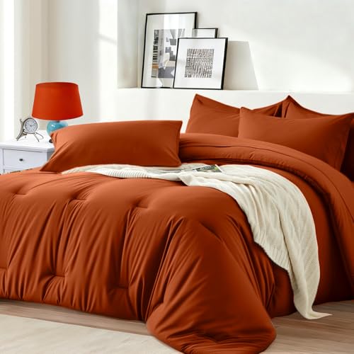 Easthome Queen Comforter Set 7 Piece - Soft Bed in a Bag Queen Size Comforter Sets, Cozy Luxury Bedding Sets with All Season Comforter, Flat Sheet, Fitted Sheet,2 Pillowcases & 2 Shams, Orange - Image 1