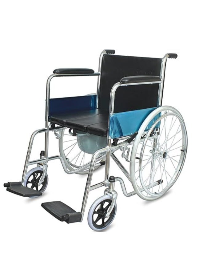 Foldable Commode Wheelchair with Cushioned Seat – Manual Mobility Chair with U-Cut Commode, Chrome Frame & Removable Toilet Bucket for Home Care - Image 1