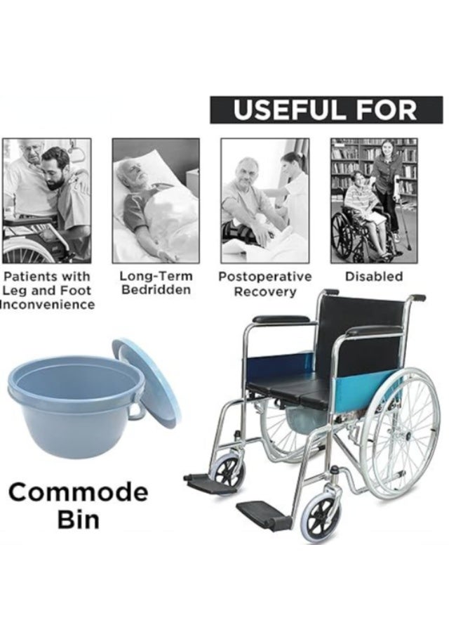 Foldable Commode Wheelchair with Cushioned Seat – Manual Mobility Chair with U-Cut Commode, Chrome Frame & Removable Toilet Bucket for Home Care - Image 2