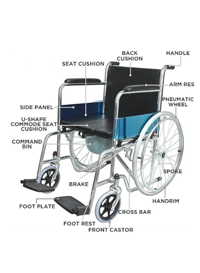 Foldable Commode Wheelchair with Cushioned Seat – Manual Mobility Chair with U-Cut Commode, Chrome Frame & Removable Toilet Bucket for Home Care - Image 3