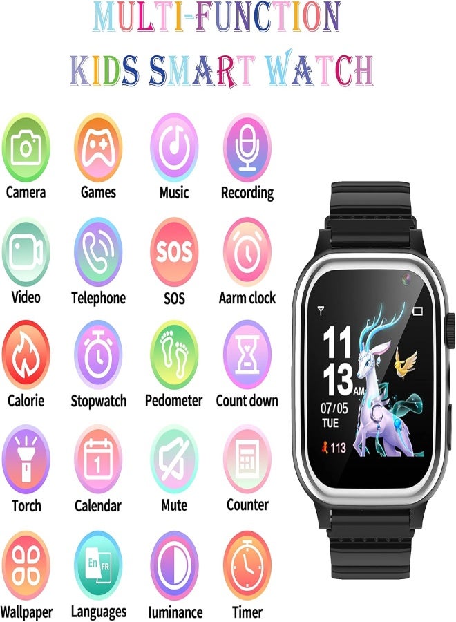 AROAQ Kids Smart Watch for Boys & Girls with Phone Call, SOS, HD Camera, 26 Educational Games, MP3 & Video Player, Pedometer, Calories Counter, Touch Screen – Birthday Gift for Children (1.44” Display) - Black - Image 2