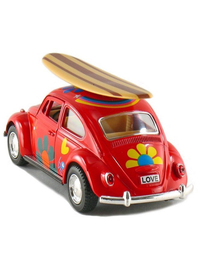 KiNSMART - 1967 Volkswagen Classic Beetle 5 Inch 1:32 Scale Die Cast Metal Model Happy Hippy Flower Power Set Of 4 w/ Surfboard - Image 4