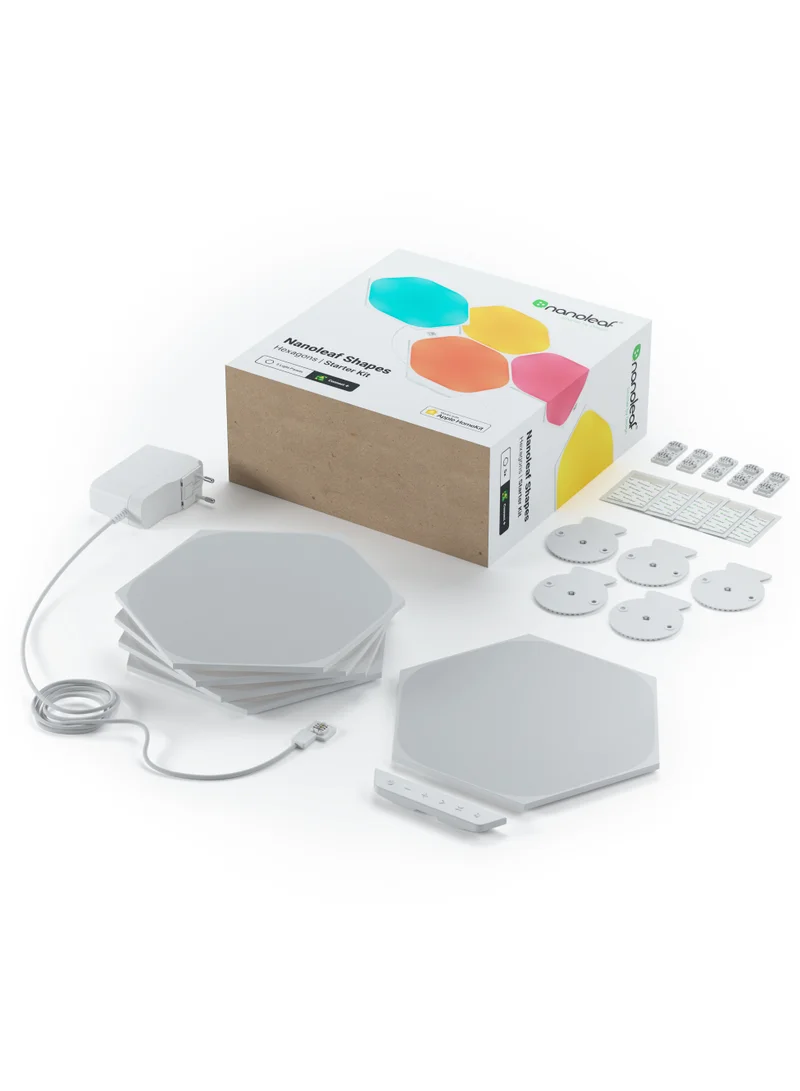 Nanoleaf SHAPES Hexagons Starter Kit - 5 Panels - Smart WiFi LED w/ Music Visualizer, Wall Decor, Home or Office Use, for Gamers, Design Concept, 16M+ Colors, Low Energy Consumption | Gaming Lights - White