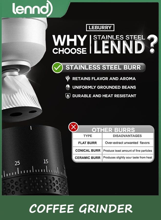LENND Burr Coffee Grinder - Portable Espresso Grinder with Stainless Steel Conical Mill for Travel, Camping - Cordless/Rechargeable Electric Coffee Bean Grinders with 38 Adjustable Grind Settings - Image 5