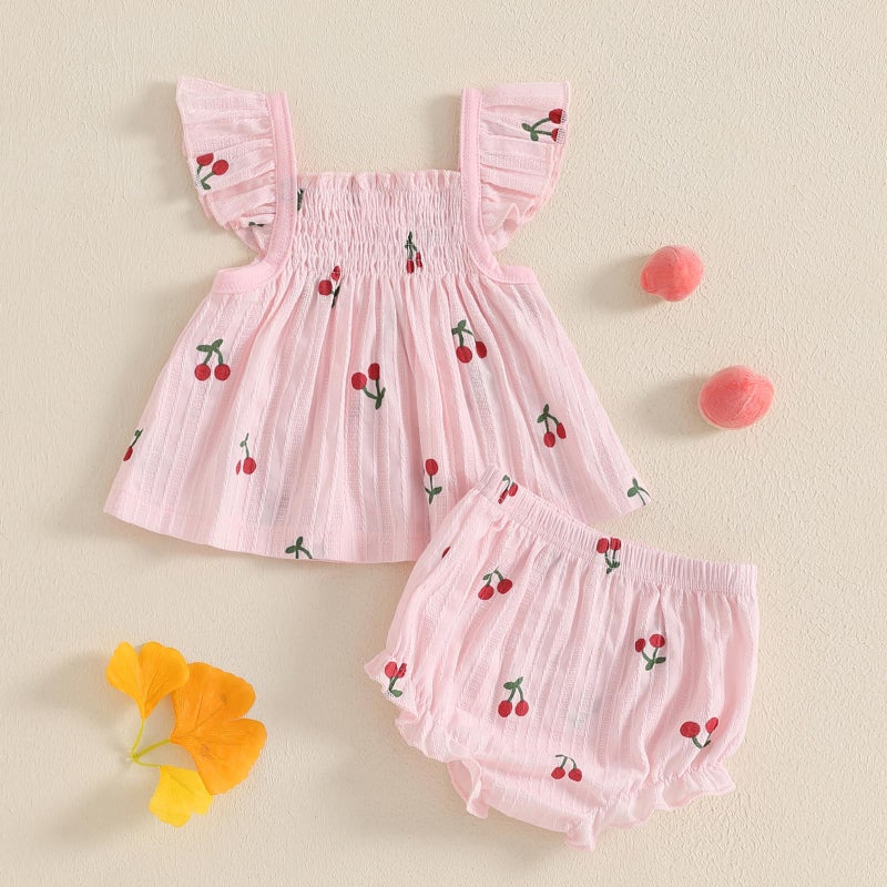 Mubineo Baby Girl Summer Clothes Cute Ruffle Tops Dress Shorts Outfits Set Infant Toddler Shrit Bloomers Princess Outfit (Pink, 6-12 Months) - Image 4