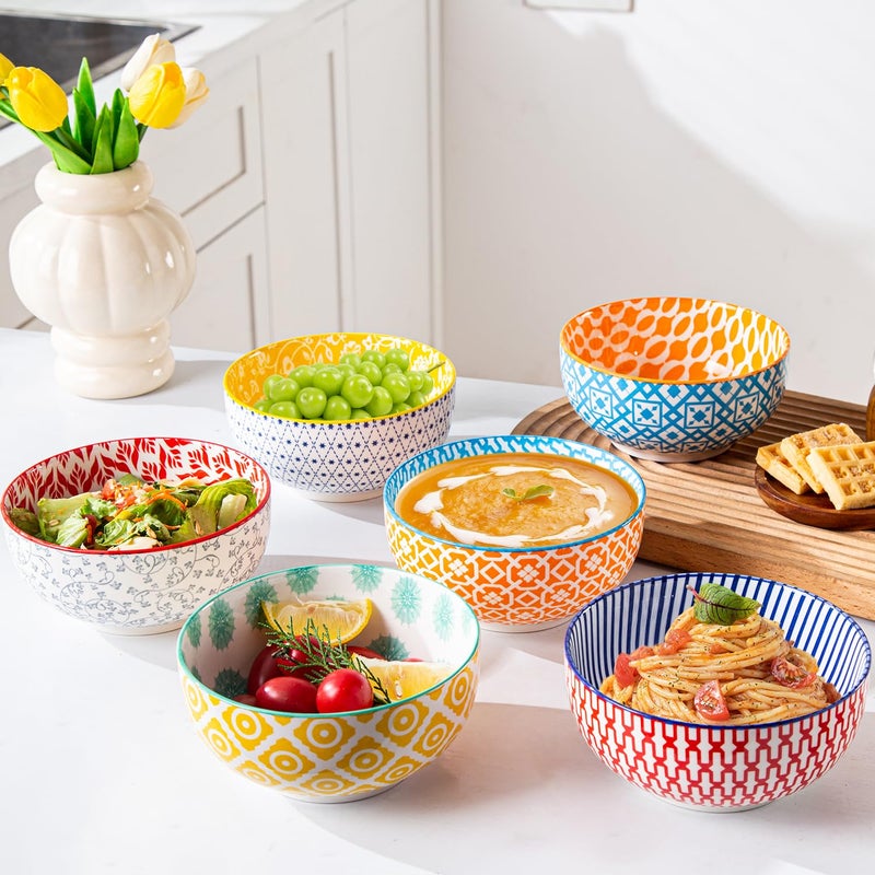 Cerkik Ceramic Soup Bowls Set - 23 Oz Deep Cereal Bowl for kitchen - 6 Inch Porcelain Salad Bowl for Pasta, Dessert, Ramen - Microwave Dishwasher Safe - Set of 6 - Assorted Colors - Image 5