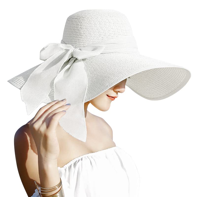 Lanzom Womens 5.7 Inches Big Bowknot Straw Hat Large Floppy Foldable Roll up Beach Cap Sun Hat UPF 50+ (White) - Image 1