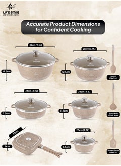 Life Smile 15Pcs Pots and Pans Set, Non-Stick Cookware Sets- Granite Cookwares, Cooking Set Non-Stick Includes Casserole 20/24/28/32cm, Grill Pan 32cm ,Shallow pot 28cm with Lid (PFOS, PFOA Free) & 3pcs Kitchen utensils  - Image 3