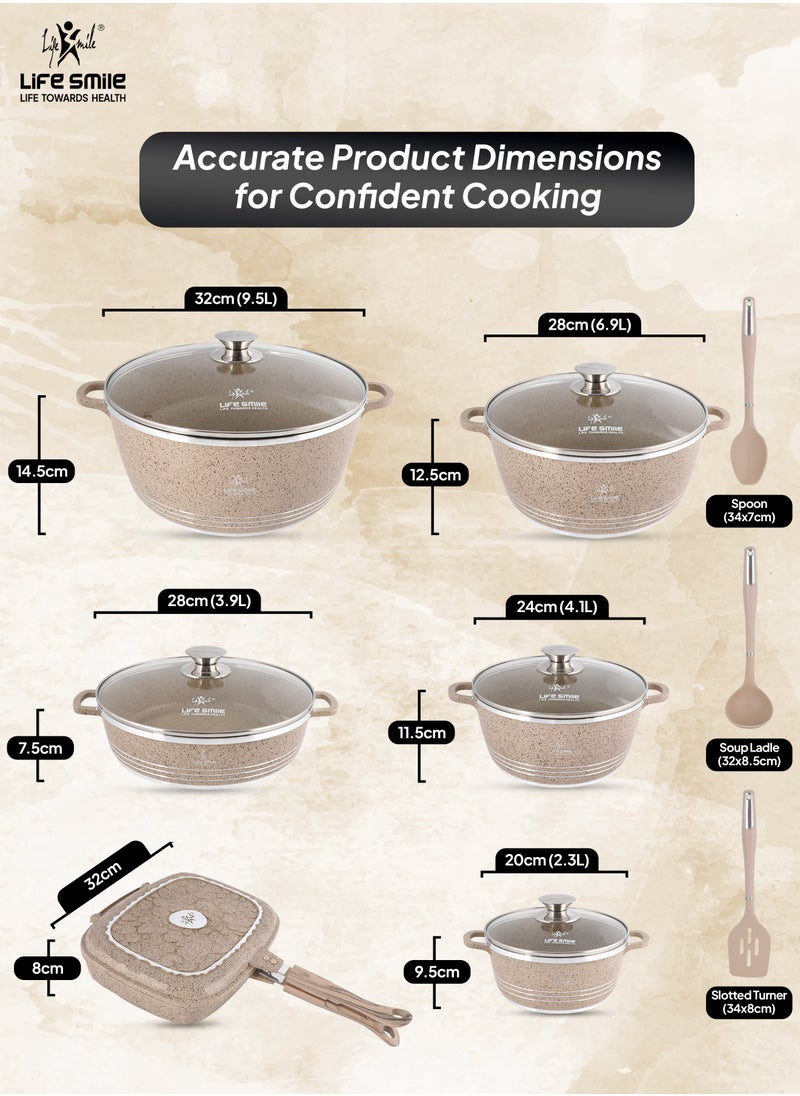 Life Smile 15Pcs Pots and Pans Set, Non-Stick Cookware Sets- Granite Cookwares, Cooking Set Non-Stick Includes Casserole 20/24/28/32cm, Grill Pan 32cm ,Shallow pot 28cm with Lid (PFOS, PFOA Free) & 3pcs Kitchen utensils  - Image 3