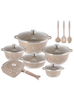 Life Smile 15Pcs Pots and Pans Set, Non-Stick Cookware Sets- Granite Cookwares, Cooking Set Non-Stick Includes Casserole 20/24/28/32cm, Grill Pan 32cm ,Shallow pot 28cm with Lid (PFOS, PFOA Free) & 3pcs Kitchen utensils  - Image 1