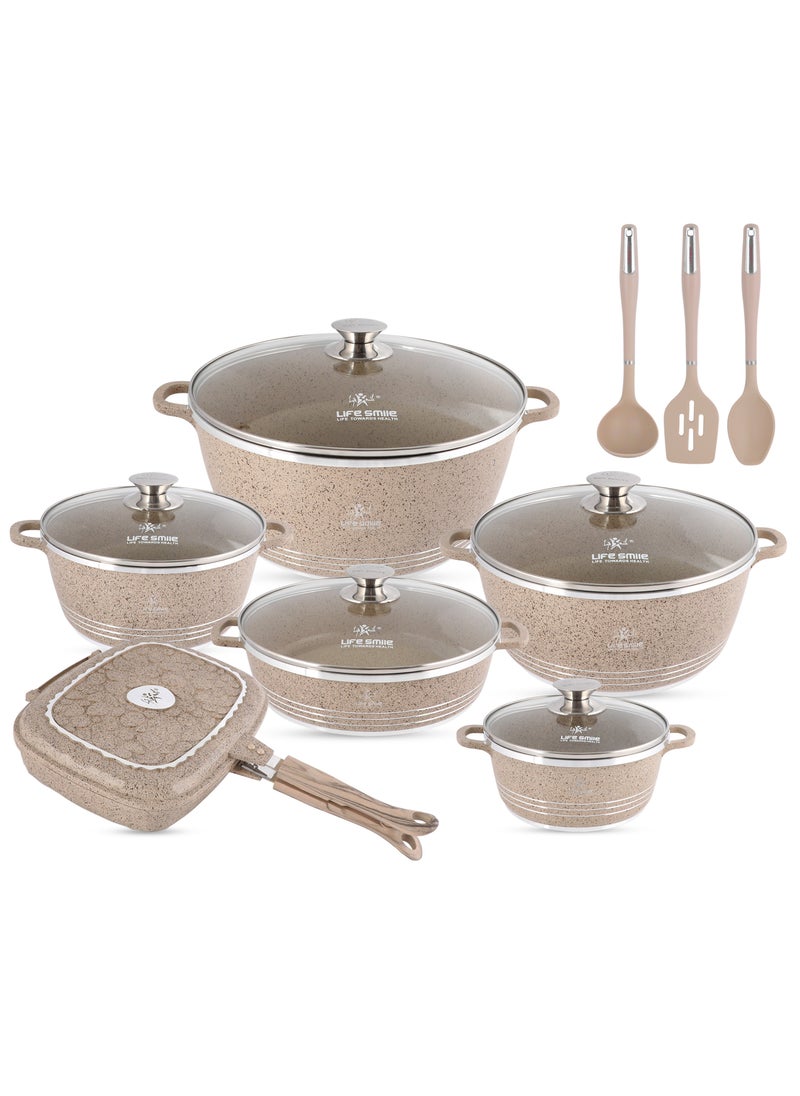 Life Smile 15Pcs Pots and Pans Set, Non-Stick Cookware Sets- Granite Cookwares, Cooking Set Non-Stick Includes Casserole 20/24/28/32cm, Grill Pan 32cm ,Shallow pot 28cm with Lid (PFOS, PFOA Free) & 3pcs Kitchen utensils  - Image 1