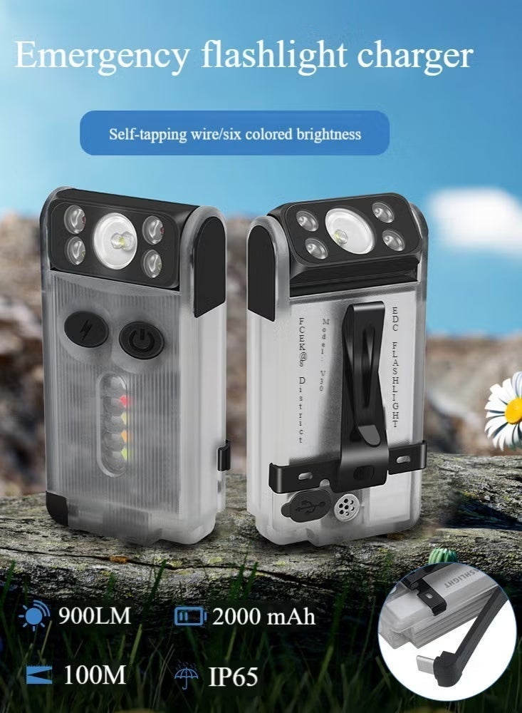 V30 LED Small Powerful EDC Flashlight with Red and 365nm UV Light,180°Rotation,USB A/C-C Rechargeable Pocket Flat Keychain Flashlight with Clip,120DB Buzzer,Power Bank Function(White) - Image 4