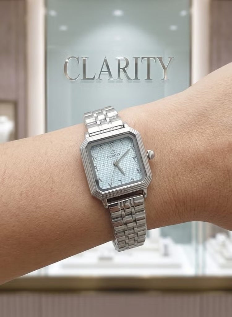 High-quality, water-resistant women's stainless steel wristwatch with Arabic numerals - silver strap with a white dial